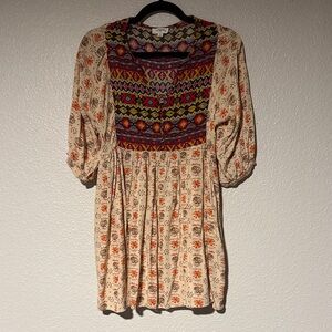Umgee Cream and Multicolored Boho Embroidered 3/4 Sleeve Tunic